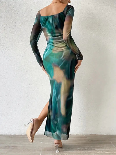 Atemberaubendes, figurbetontes Kleid mit Aquarelldruck für Damen