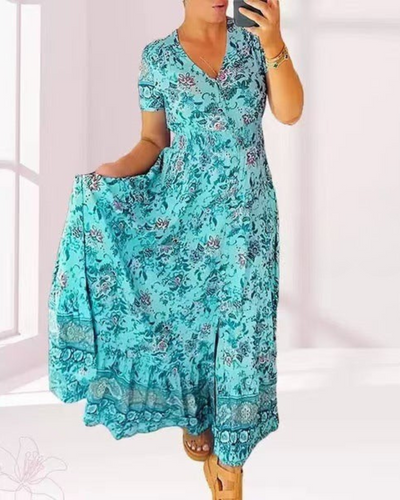 TESSA - LANGES GEMUSTERTES KLEID MIT KNOPFLEISTE