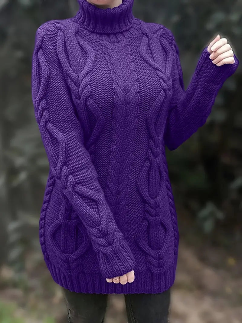 Narda - Klobig Kabel Gestrickt Rollkragen Kleid