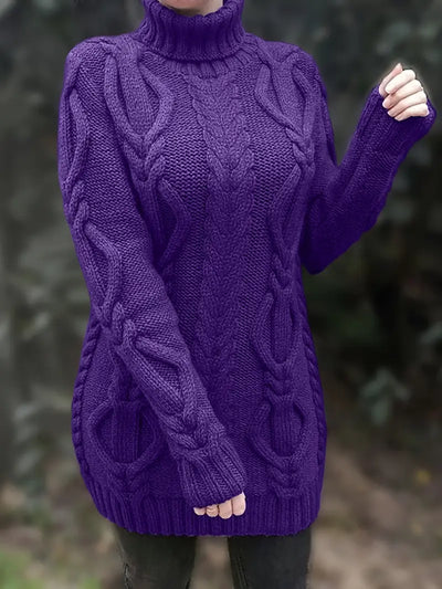 Narda - Klobig Kabel Gestrickt Rollkragen Kleid