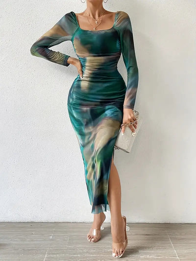 Atemberaubendes, figurbetontes Kleid mit Aquarelldruck für Damen