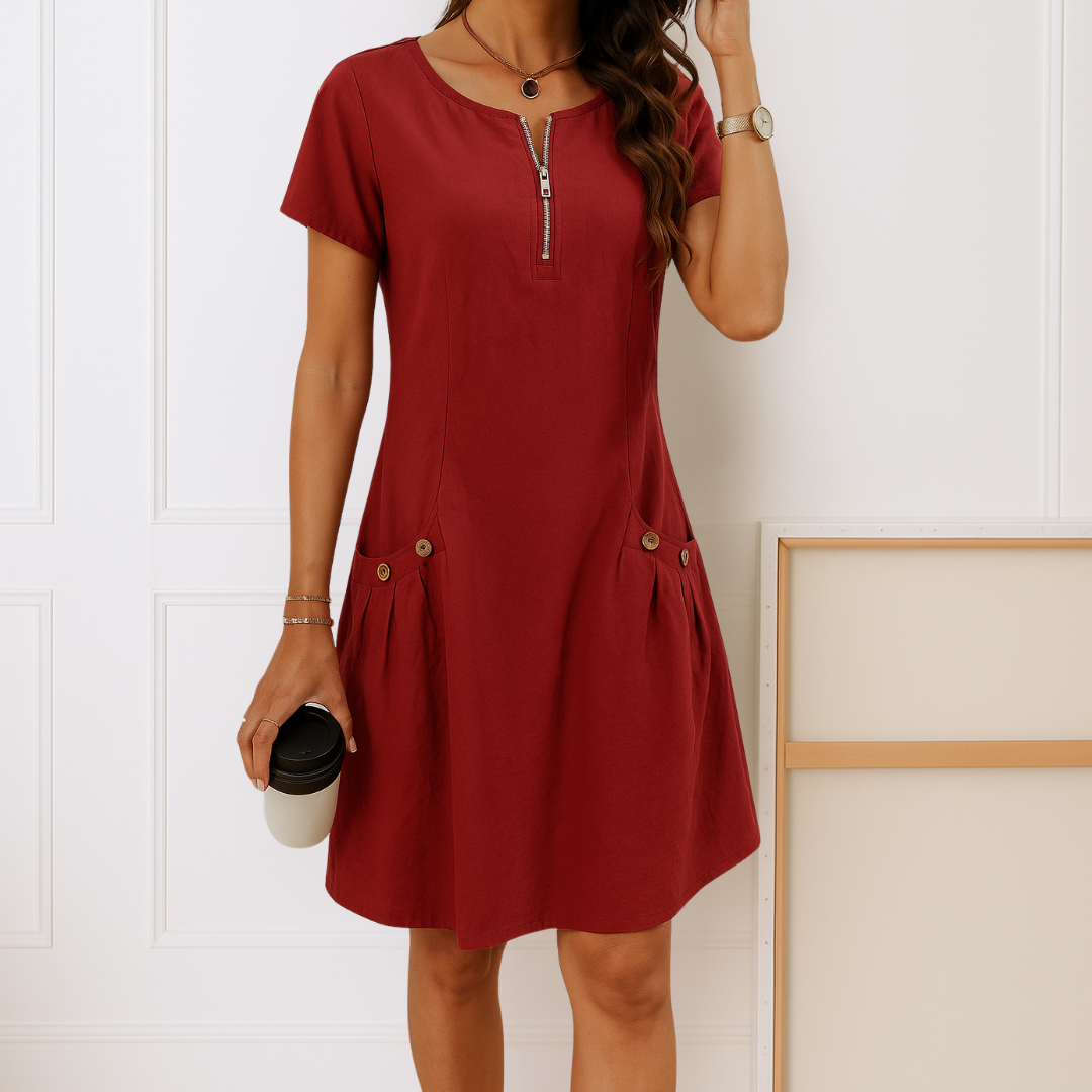 Ester™ | Elegantes Baumwollkleid mit kurzen Ärmeln und Taschen