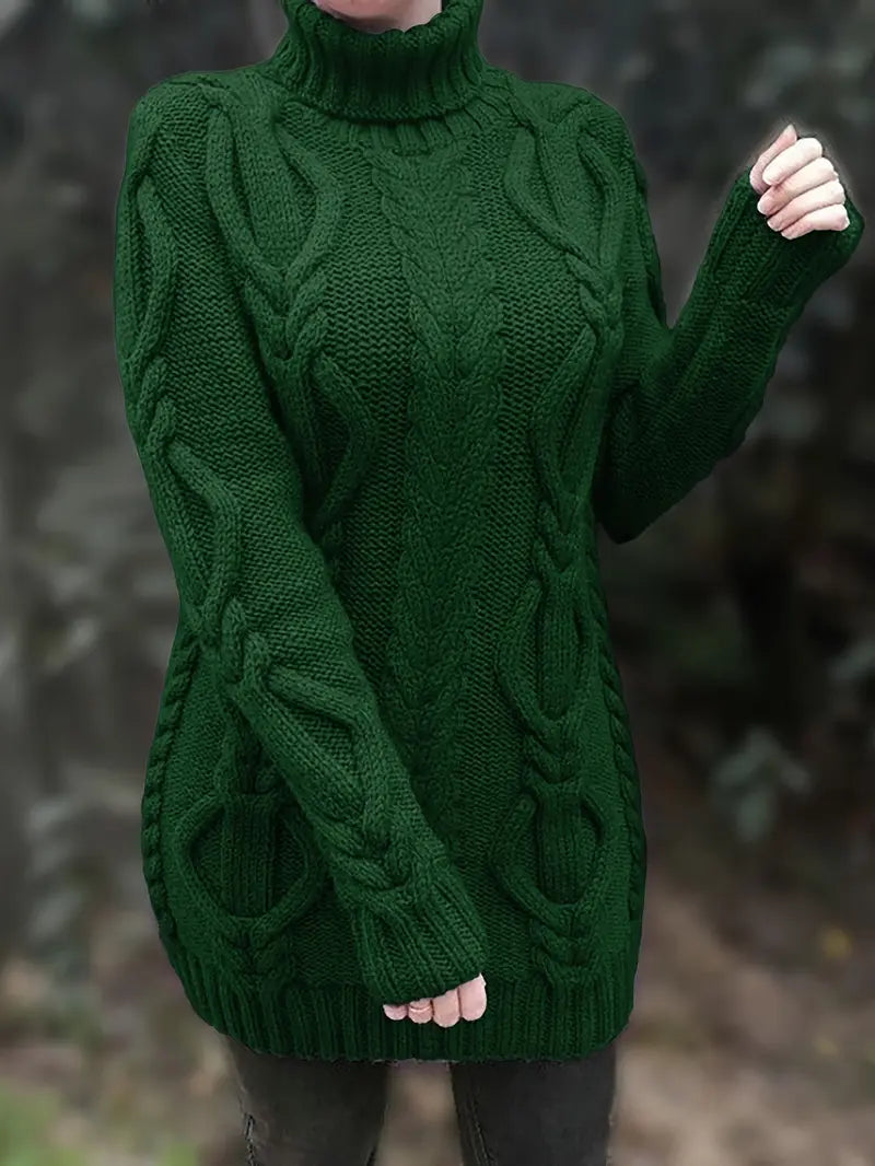 Narda - Klobig Kabel Gestrickt Rollkragen Kleid