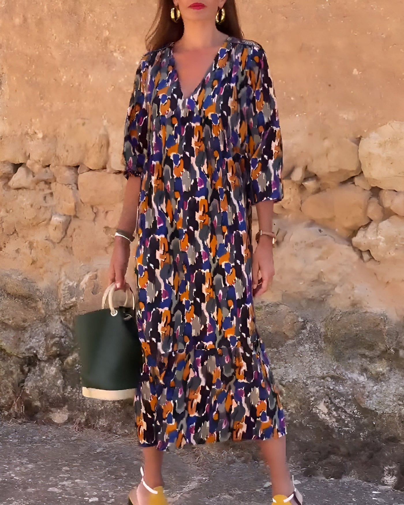 Nathalie™ | Elegantes Retro-Print-Kleid mit V-Ausschnitt