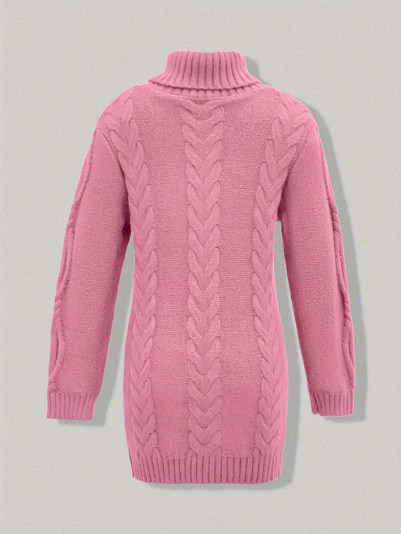 Narda - Klobig Kabel Gestrickt Rollkragen Kleid