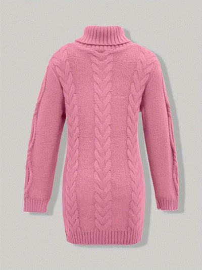 Narda - Klobig Kabel Gestrickt Rollkragen Kleid