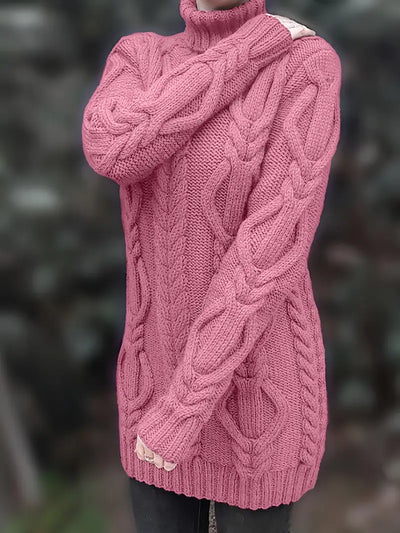 Narda - Klobig Kabel Gestrickt Rollkragen Kleid