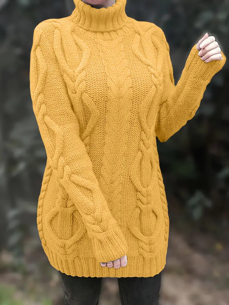 Narda - Klobig Kabel Gestrickt Rollkragen Kleid