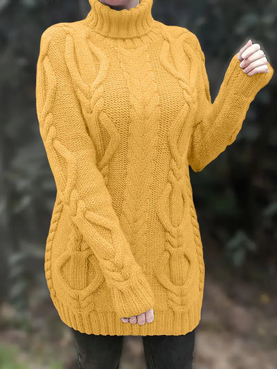 Narda - Klobig Kabel Gestrickt Rollkragen Kleid