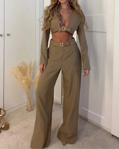 V-Ausschnitt Langarm-Oberteil und Hose Zweiteiliges Set - Loana