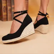 Avery | Elegante schwarze Damen-Keilabsätze mit Espadrille-Sohle