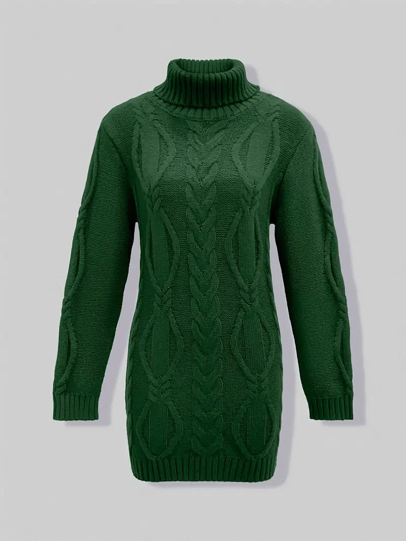 Narda - Klobig Kabel Gestrickt Rollkragen Kleid