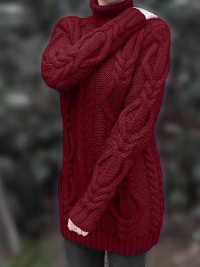 Narda - Klobig Kabel Gestrickt Rollkragen Kleid