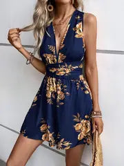 Mila | Jumpsuit mit tiefem V-Ausschnitt und Blumenmuster zum Binden für Frauen