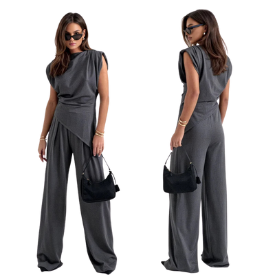 FlowEase Damen-Set mit lässiger Passform in zwei Teilen – asymmetrische Top und Hose mit weitem Bein