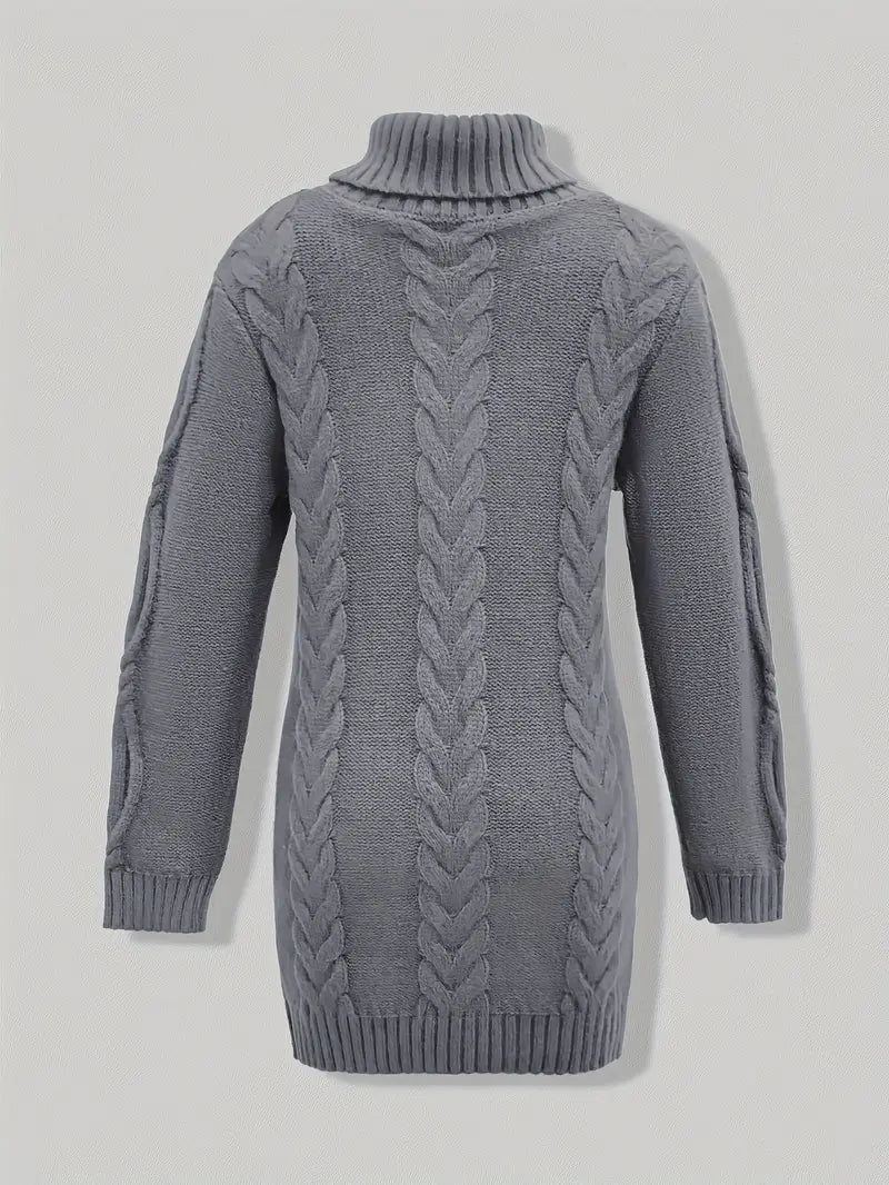 Narda - Klobig Kabel Gestrickt Rollkragen Kleid