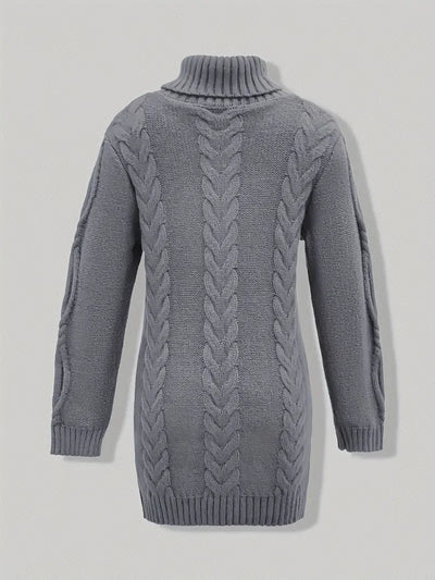Narda - Klobig Kabel Gestrickt Rollkragen Kleid