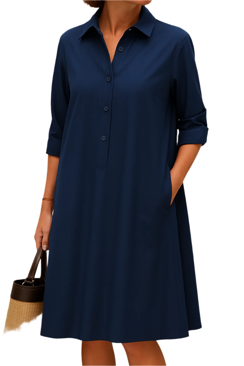 NavyEase Mittellange Hemdblusenkleid – Lässiger Chic mit Teilweiser Knopföffnung vorne