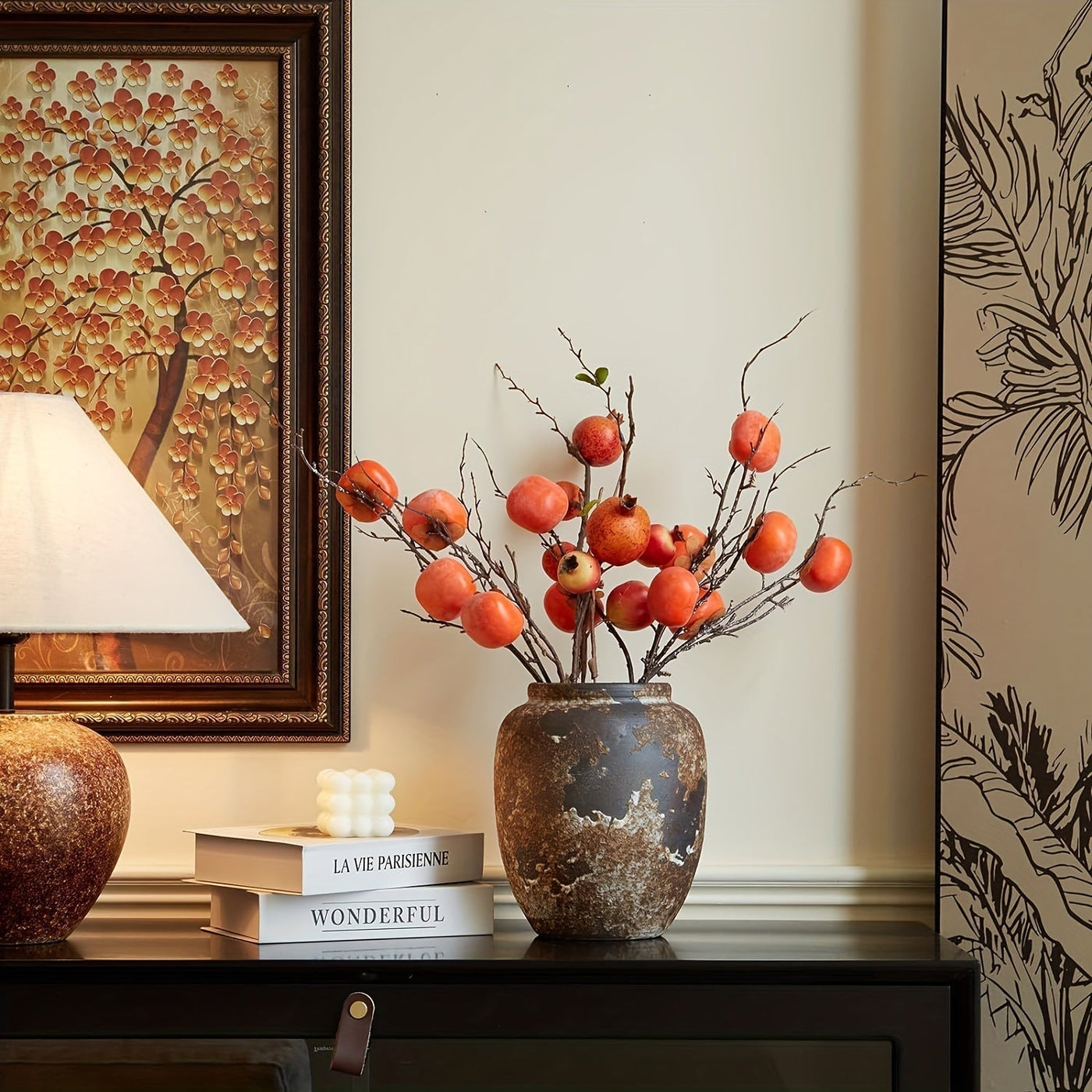 Harvest Bloom Dekorative Vase – Künstlerisches Design mit Texturierter Oberfläche und Fruchtinspirierter Stiele