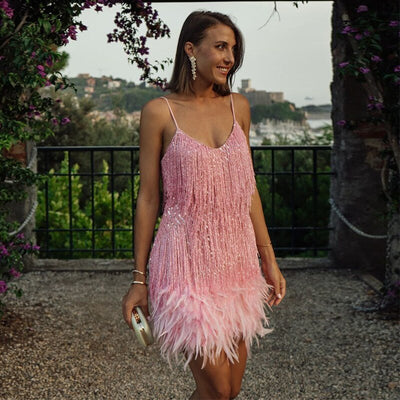 Astrid Fjerfrynsede Minikleid – Glamouröses Perlenbesetztes Festkleid