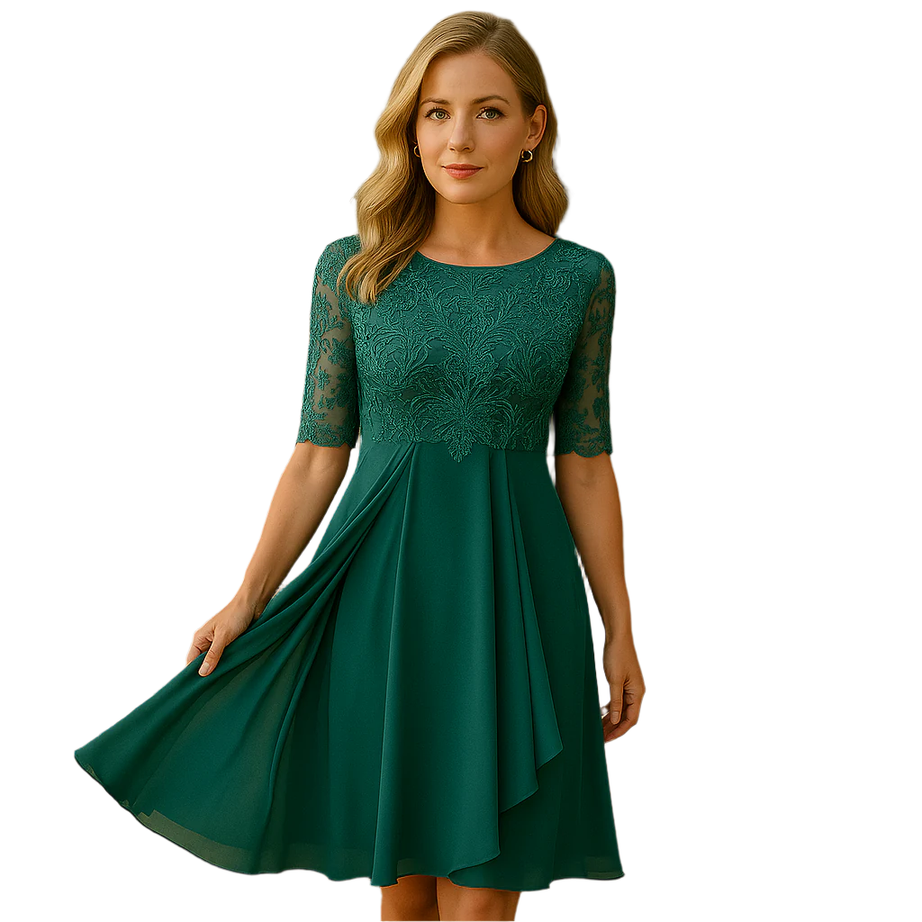 Blonde Abendkleid in Knielänge – kurze Ärmel und elegantes Design