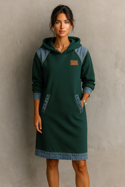 Viktoria – Lässiges Kleid Mit Kapuze und Denim Einsätzen