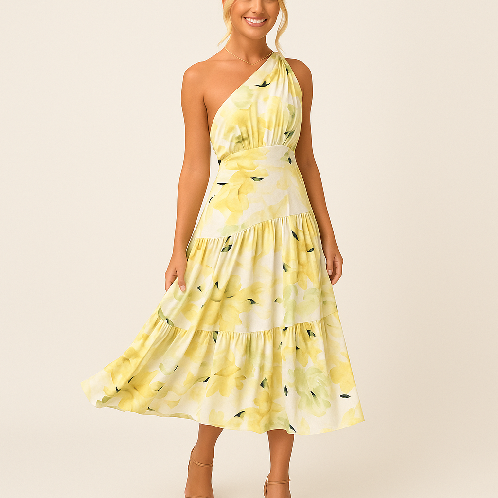 Maelle – Leichtes Midikleid mit Blumenmuster und einer Schulter für sonnige Tage