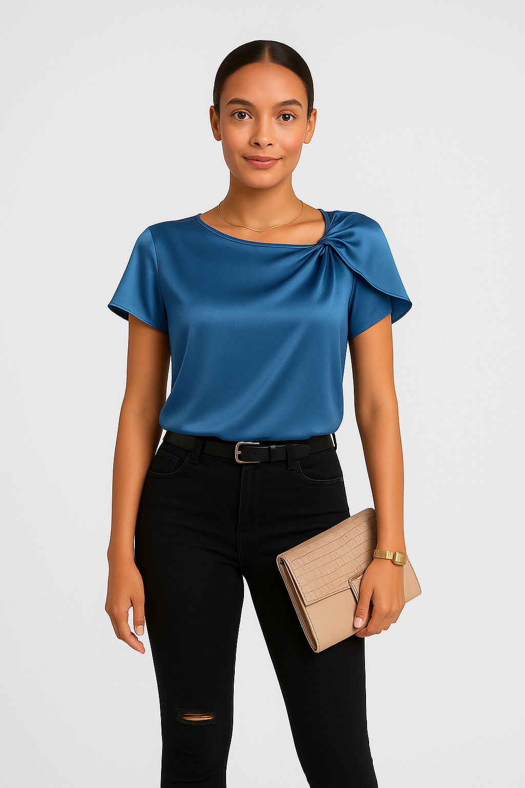 Lena – Moderne, elegante Schulterbluse mit Knoten-Details