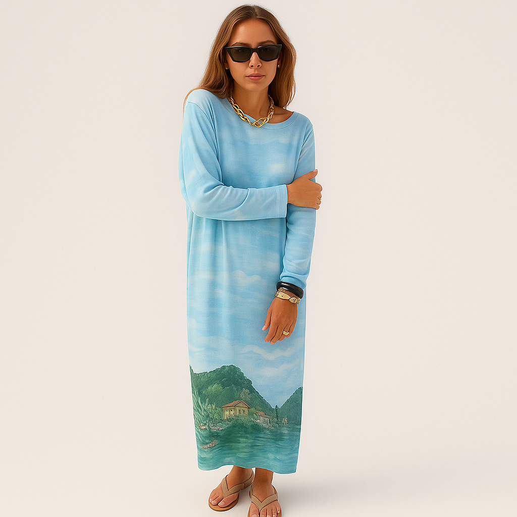 Aurora langärmliges Sommer-Maxikleid mit einzigartigem Druck