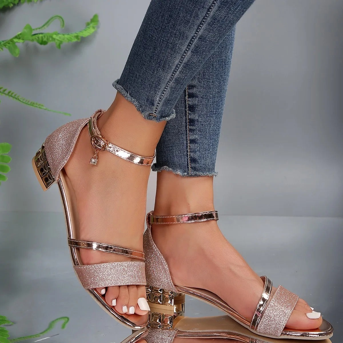 Elisa - Damen Glitzer-Sandalen mit Blockabsatz und Knöchelriemen