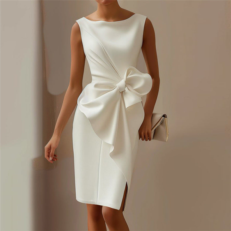 Eva - Weißes ärmelloses Midikleid mit Schleifendetail