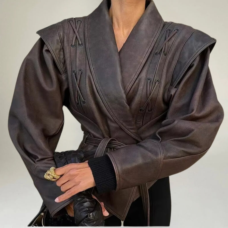 Elegante, zeitgenössische, luxuriöse Leder Wickeljacke für Damen