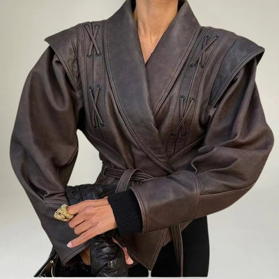 Elegante, zeitgenössische, luxuriöse Leder Wickeljacke für Damen