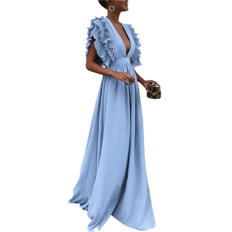 LuxeFlair Maxikleid mit tiefem V-Ausschnitt und Rüschensäumen