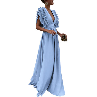 LuxeFlair Maxikleid mit tiefem V-Ausschnitt und Rüschensäumen