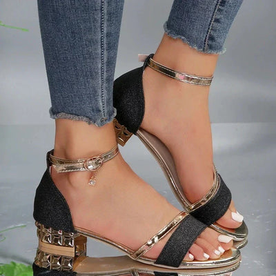 Elisa - Damen Glitzer-Sandalen mit Blockabsatz und Knöchelriemen