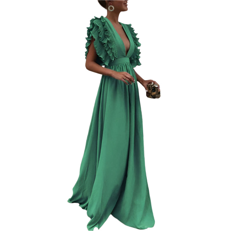 LuxeFlair Maxikleid mit tiefem V-Ausschnitt und Rüschensäumen