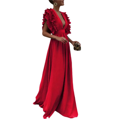 LuxeFlair Maxikleid mit tiefem V-Ausschnitt und Rüschensäumen