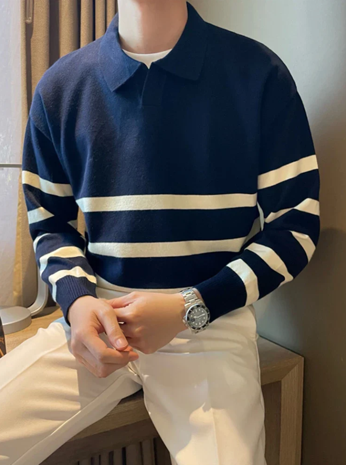 Henrik | Stilvoller gestreifter Strickpullover mit Kragen Herrenpullover