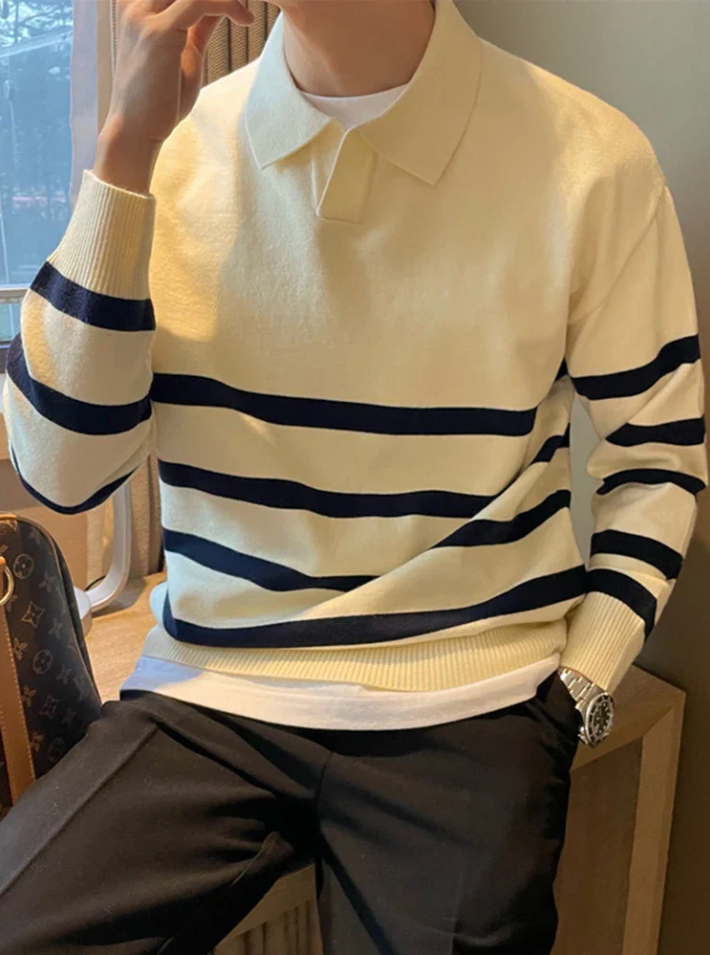 Henrik | Stilvoller gestreifter Strickpullover mit Kragen Herrenpullover