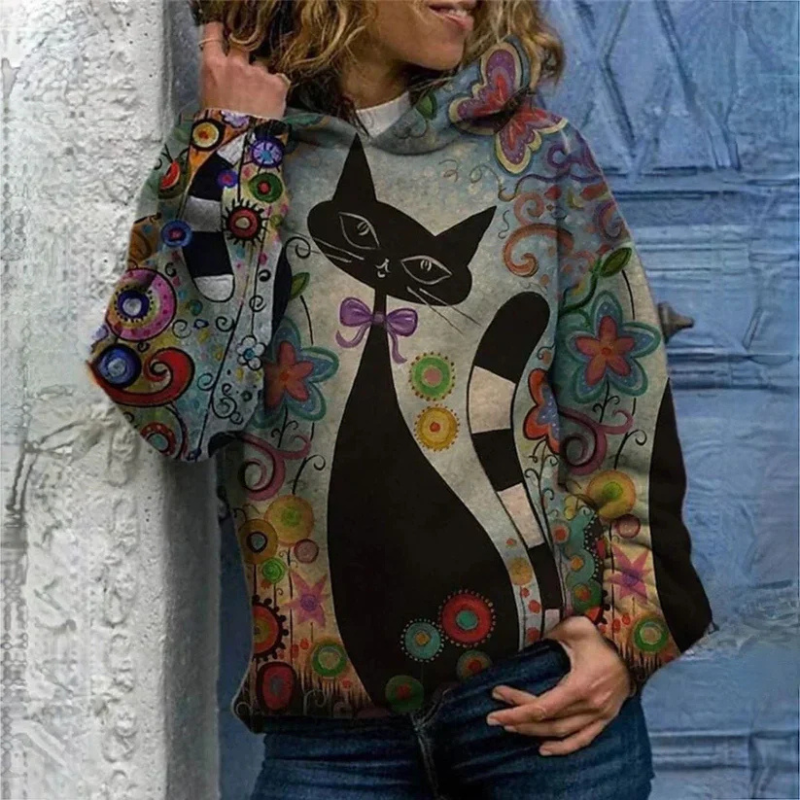Astrid | Eleganter Katzenprint Damen-Kapuzenpullover