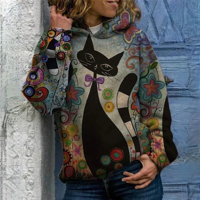 Astrid | Eleganter Katzenprint Damen-Kapuzenpullover