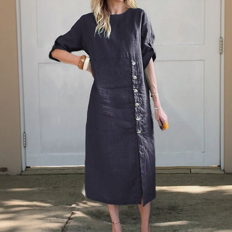 UTA - LEINEN-KLEID MIT KNOPFLEISTE