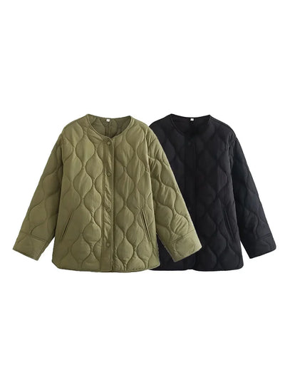 Lässige, lockere, gesteppte O-Hals-Jacke für Damen