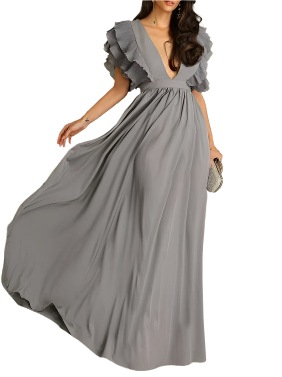 LuxeFlair Maxikleid mit tiefem V-Ausschnitt und Rüschensäumen
