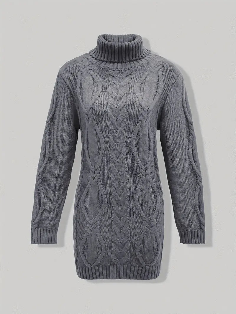 Narda - Klobig Kabel Gestrickt Rollkragen Kleid
