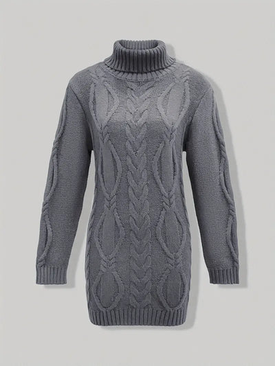 Narda - Klobig Kabel Gestrickt Rollkragen Kleid