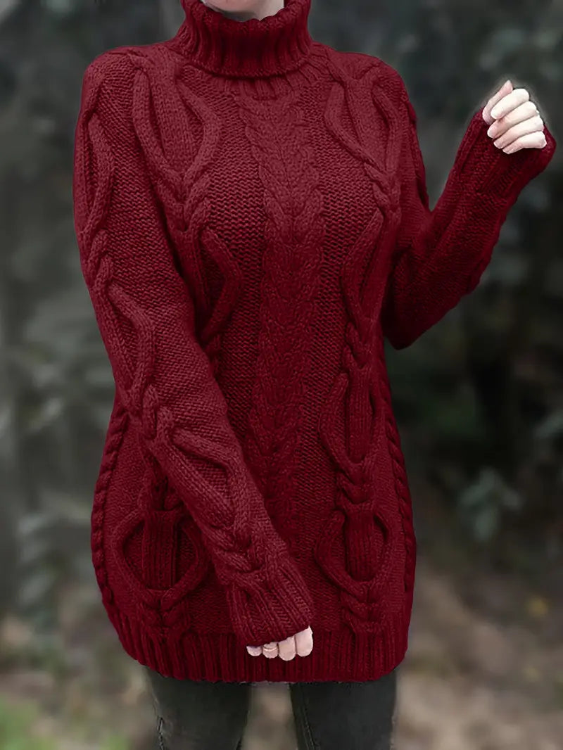 Narda - Klobig Kabel Gestrickt Rollkragen Kleid