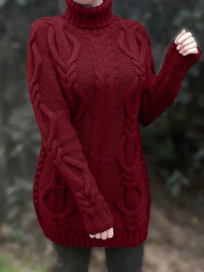 Narda - Klobig Kabel Gestrickt Rollkragen Kleid