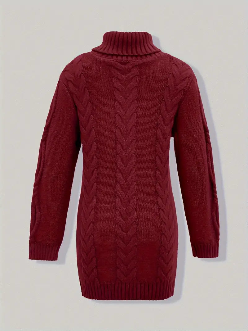 Narda - Klobig Kabel Gestrickt Rollkragen Kleid